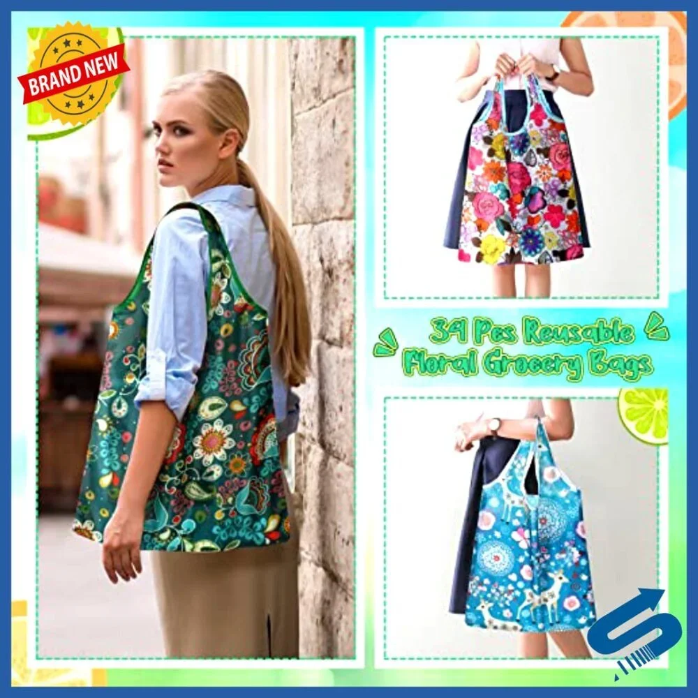 Reusable Nylon Grocery Tote Bags Foldable Washable Large Capacity Floral